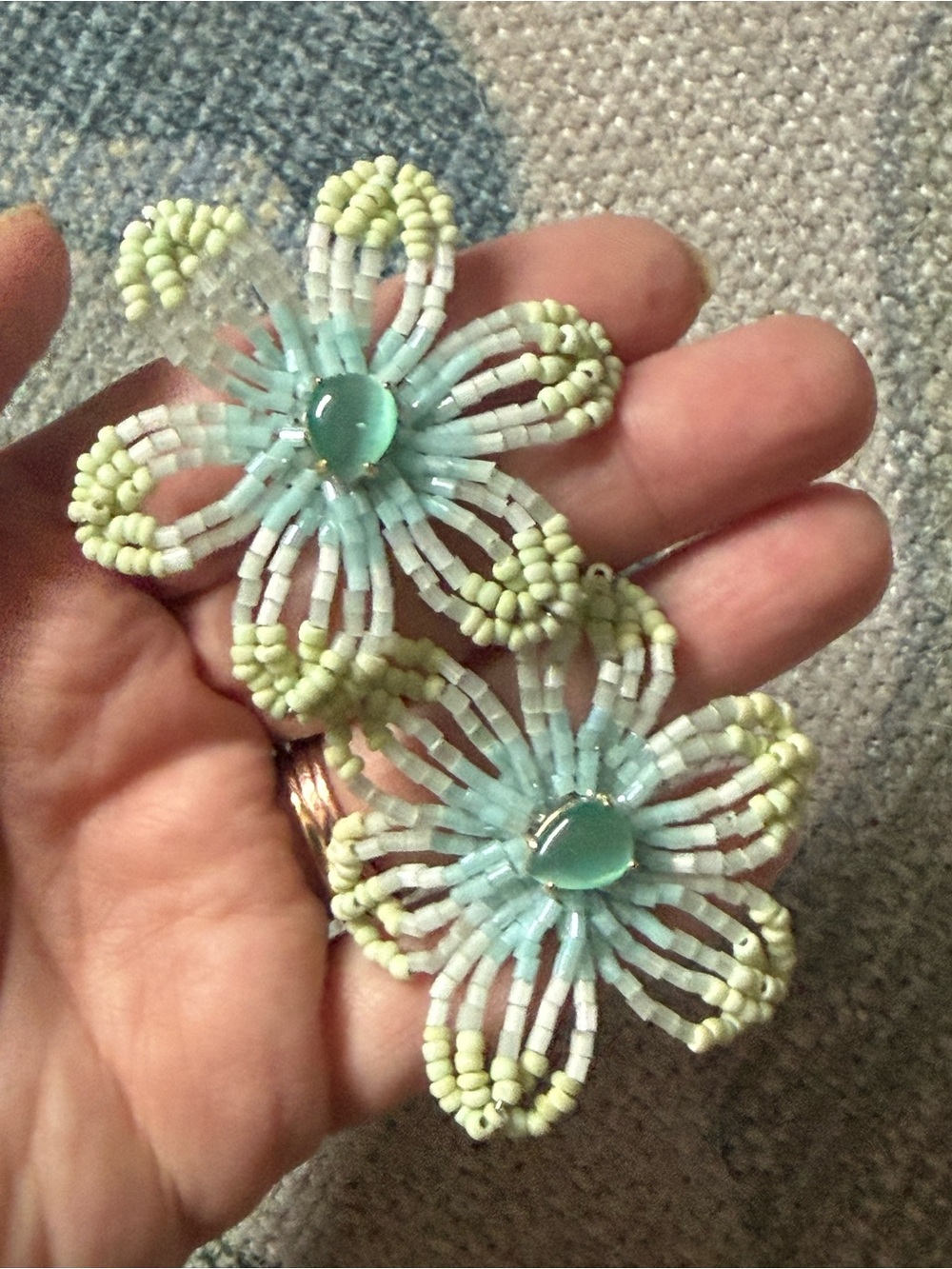 Anthropologie Pale Blue & Light Green Beaded Flower Earrings